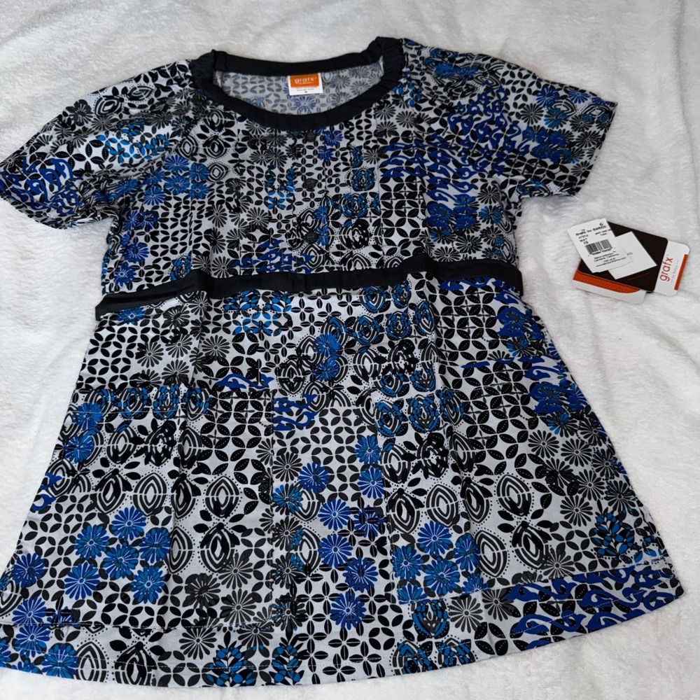 Grafx by Barco Womens Floral Geometric Scrub Top Blue Black White 41314 XS NEW